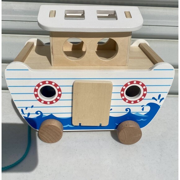 Wooden Noah's Ark Pull Toy Boat Animal Shape Sorter Painted Bible Story Toddler - Picture 6 of 16